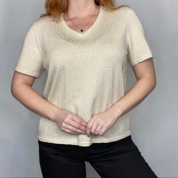 Vintage 80s Drapers & Damon’s XL Neutral Tan Sweater Tee Shirt w/ Pearl Accents - Picture 7 of 13